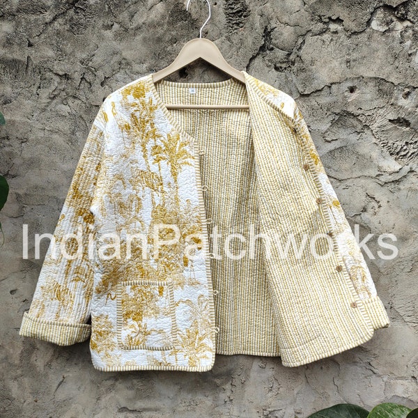 Indian Cotton Quilted Jacket Women Wear Front Open Kimono Stripe piping New Printed Cotton Jacket Party Wear