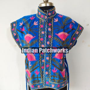 Handmade Velvet Suzani Embroidered Waistcoat: Sleeveless Floral Jacket