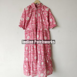 Hand Block Printed Summer Dress Floral Pink Frilled Neck Designer Cotton Dress Ethical Sustainable Sundress Women Maxi Dress