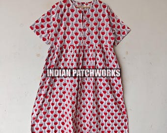 Hand Block Print Cotton Midi Dress: Floral Party Wear
