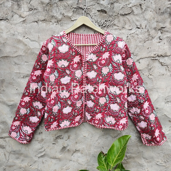 Quilted Jacket Short kimono Women Wear New Style Pink Flower Coat Party Wear Cotton Indian Hand Block Print Fabric Short Jacket