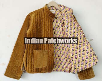 Handmade Indian Velvet Cotton Jacket Women Wear Designer Coat Reversible Short Girl Wear Quilted Stylish Party Wear Jacket With two Pockets