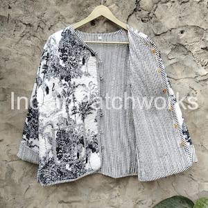 Quilted Jacket Short kimono Women Wear New Style Black and white Flower Coat Indian Hand Block Print Fabric image 1