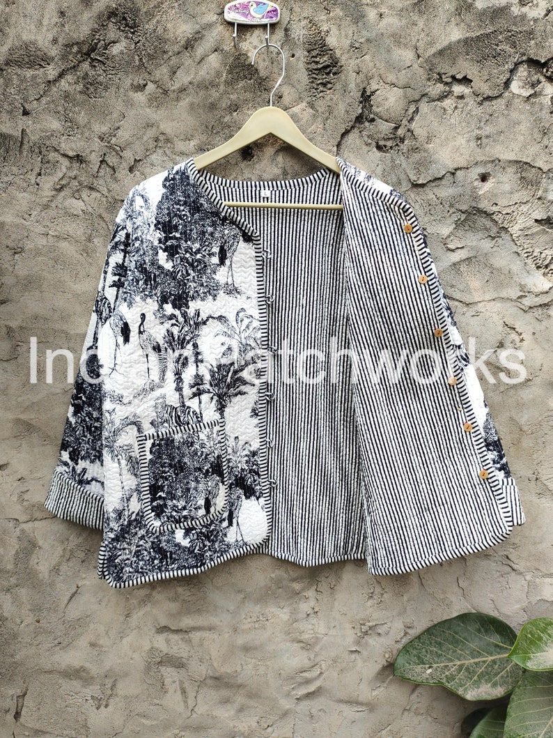 Quilted Jacket Short kimono Women Wear New Style Black and white Flower Coat Indian Hand Block Print Fabric image 1