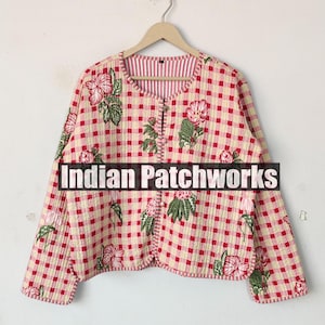 Handmade Quilted Jacket Robe, Strip Piping Cotton Reversible Jacket, Block Print Floral Quilted Cotton Jacket, Party Wear Gift For Her