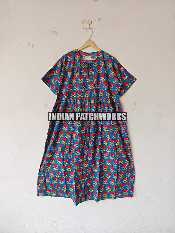 block print dress, Indian Tunics, Hand Printed Dress, Indian Cotton Long gown, Indian Cotton dress, printed dress hand block printed dress