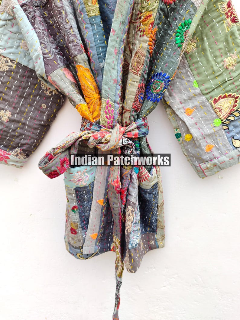 Cotton Patchwork Kantha Kimono Hand Embroidery Khambadia Kimono Jacket| Patchwork Cotton Kimono | Kimono Jacket | Unisex Kantha HouseRobe image 6