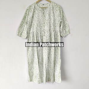 Floral Block Print Cotton Midi Dress: Deep Neck Bohemian Dress