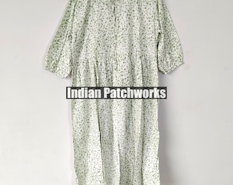 Floral Block Print Cotton Midi Dress: Deep Neck Bohemian Dress