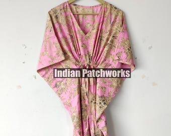 Handmade Cotton Block Print Kaftan: Green Floral Beach Cover Up - Plus Size