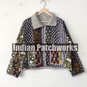 Handmade Patchwork Cotton Quilted Jacket, Reversible Strip Piping Quilted Jacket, Party Wear Cotton Jacket Gift For Women&#39;s Cotton Jacket,