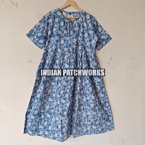 Hand Block Print Cotton Dress: Bohemian Deep Neck Midi Mini