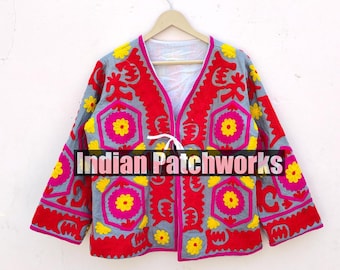 Indian Suzani Embroidery Jacket , Ladies short bomber coat, cotton Jacket For Women Bohemian Style, Gift For her