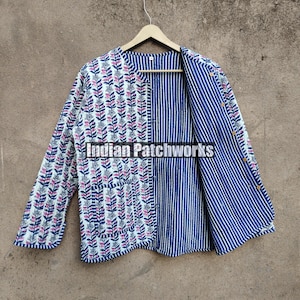 Cotton Women&#39;s Quilted Jacket Block Printed Boho Style Quilted Handmade Jackets, Coat Holidays Gifts Button Closer Jacket for Women Gifts