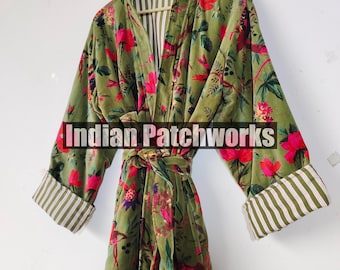 Green Velvet Kimono Robe: Cotton Lined, Bohemian Jacket