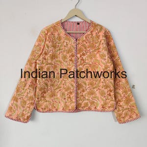 Block Print Quilted Jacket, Cotton Quilted Jacket Women Wear Front Open Kimono Stripe Piping Party Wear Jacket, Handmade Reversible Jacket