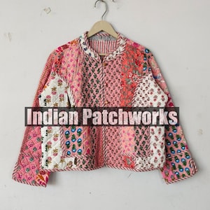 Cotton Quilted Handmade Cotton Floral Jacket, New Patchwork Jacket, Reversible Strip Quilted Cotton Jacket Party Wear Gift For Women&#39;s,