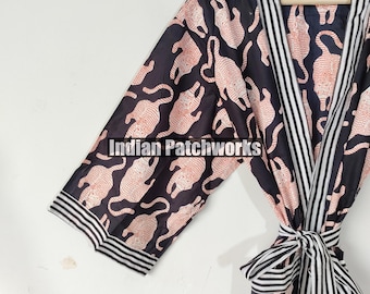 Black Tiger Print Cotton Kimono Robe: Indian Handmade Beach Coverup