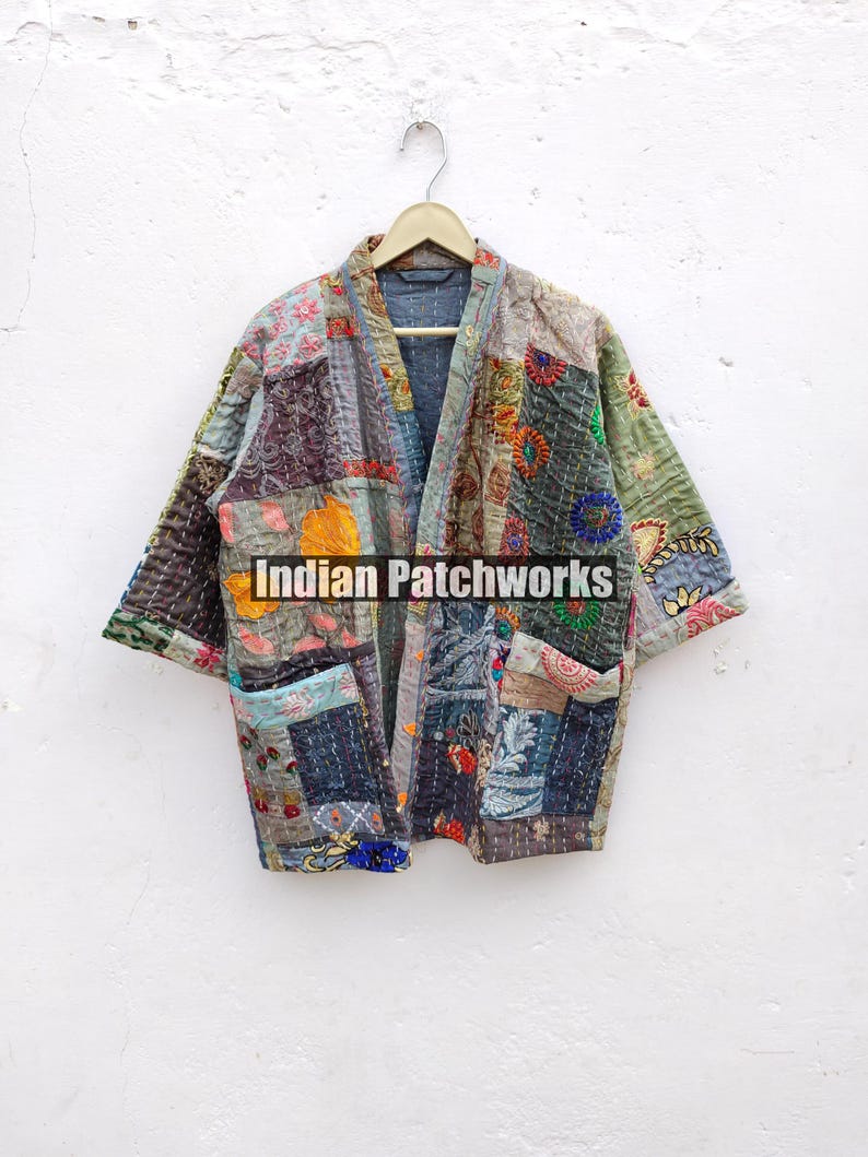 Cotton Patchwork Kantha Kimono Hand Embroidery Khambadia Kimono Jacket| Patchwork Cotton Kimono | Kimono Jacket | Unisex Kantha HouseRobe image 8