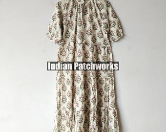 Floral Block Print Cotton Gauze Midi Dress - Beige Summer Dress