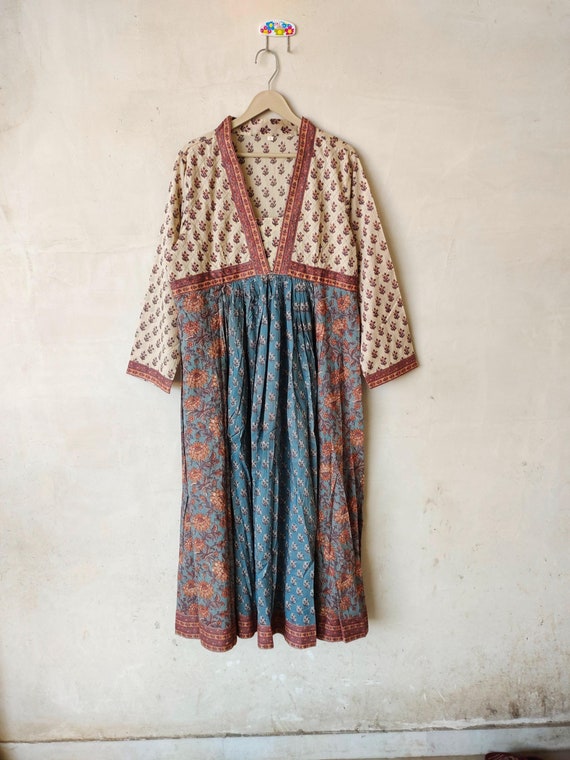 block print dress, Indian Tunics, Hand Printed Dress, Indian Cotton Long gown, Indian Cotton dress, printed dress hand block printed dress