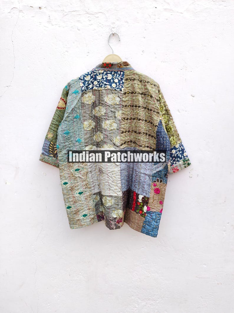 Cotton Patchwork Kantha Kimono Hand Embroidery Khambadia Kimono Jacket| Patchwork Cotton Kimono | Kimono Jacket | Unisex Kantha HouseRobe image 9