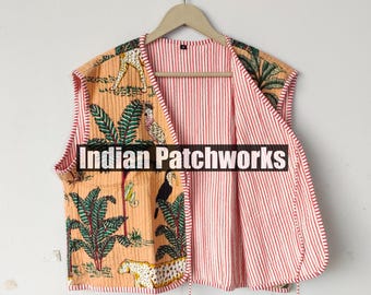 Reversible Kantha Quilted Jacket: Bohemian Patchwork Cotton Vest Coat