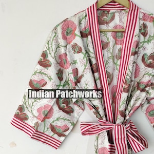 Bata tipo kimono de algodón, bata de dama de honor con estampado de bloques, ropa de dormir de verano, talla única