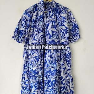 Boho Patchwork Cotton Midi Dress – Keyhole Neckline with Puff Sleeves & Geometric Block Print