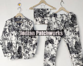 Hand Block Print Cotton Pajama Set Indian Floral Nightwear Handmade Indian Cotton Pajama Set: Block Print Night Suit-Pure Cotton Pj's,