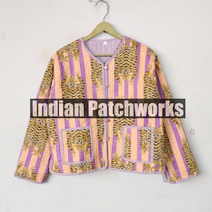 Handmade Cotton Quilted Jacket, Tiger Print Cotton Quilted Jacket Robe, Reversible Strip Quilted Cotton Jacket, Party Wear Gift For Women&#39;s,