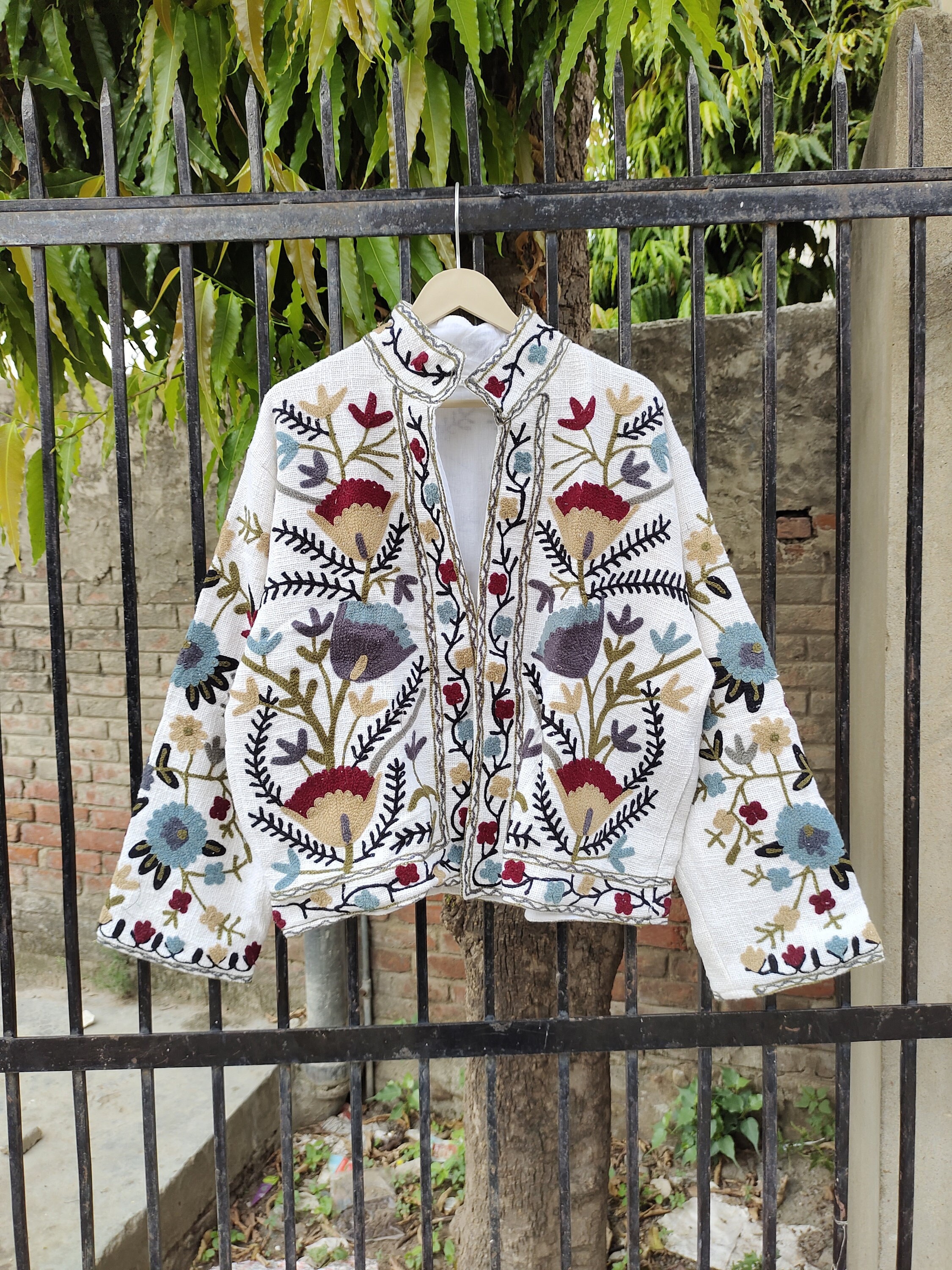 Cotton Suzani Hand Embroidery Jacket Coat, White Women Wear Winter 