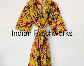 Katoenfluwelen kimono met vogelprint, badjas, cadeau, Frida-kimono voor haar bloemenkimono-gewaad, bruidsgewaden, bruidsmeisjes geschenken handgemaakte kimono,