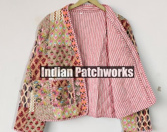 Cotton Handmade Kantha Jacket, Womens Clothing Quilted Reversible Coat, Kimono Indian Hand Printed Vintage Boho Vest, Christmas Gift for Her