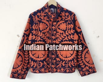 Veste en coton brodée Suzani faite main : manteau bohème à imprimé floral