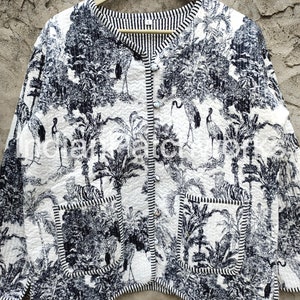 Quilted Jacket Short kimono Women Wear New Style Black and white Flower Coat Indian Hand Block Print Fabric image 4