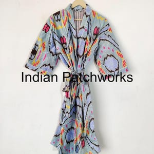 Ikat Print Velvet Kimono Robe: Handmade Cotton Blend Long Robe