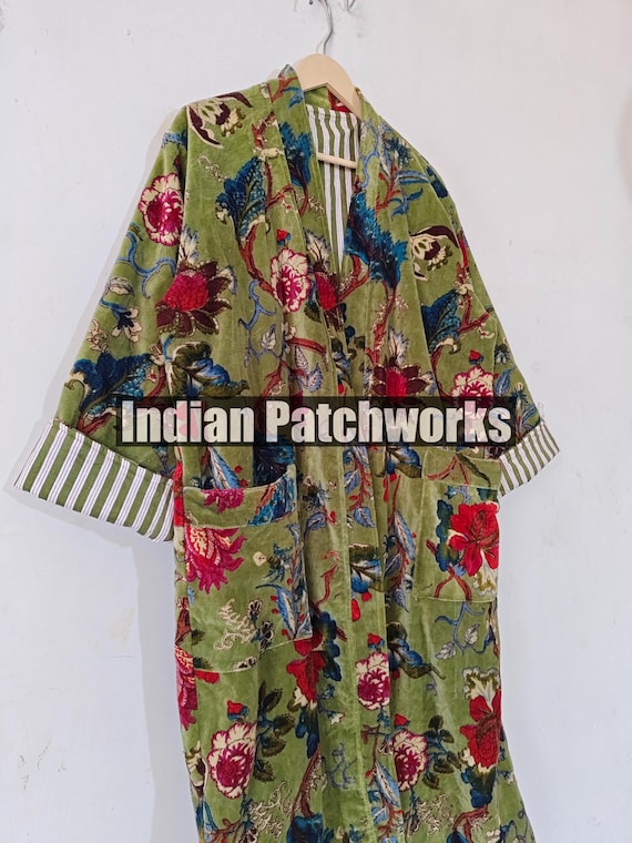 Indian Floral Print Luxury Velvet House Robe - Morning Tea Velvet Coat - Long Velvet Jacket Kimono Duster - Women Wear Cotton Velvet Robe