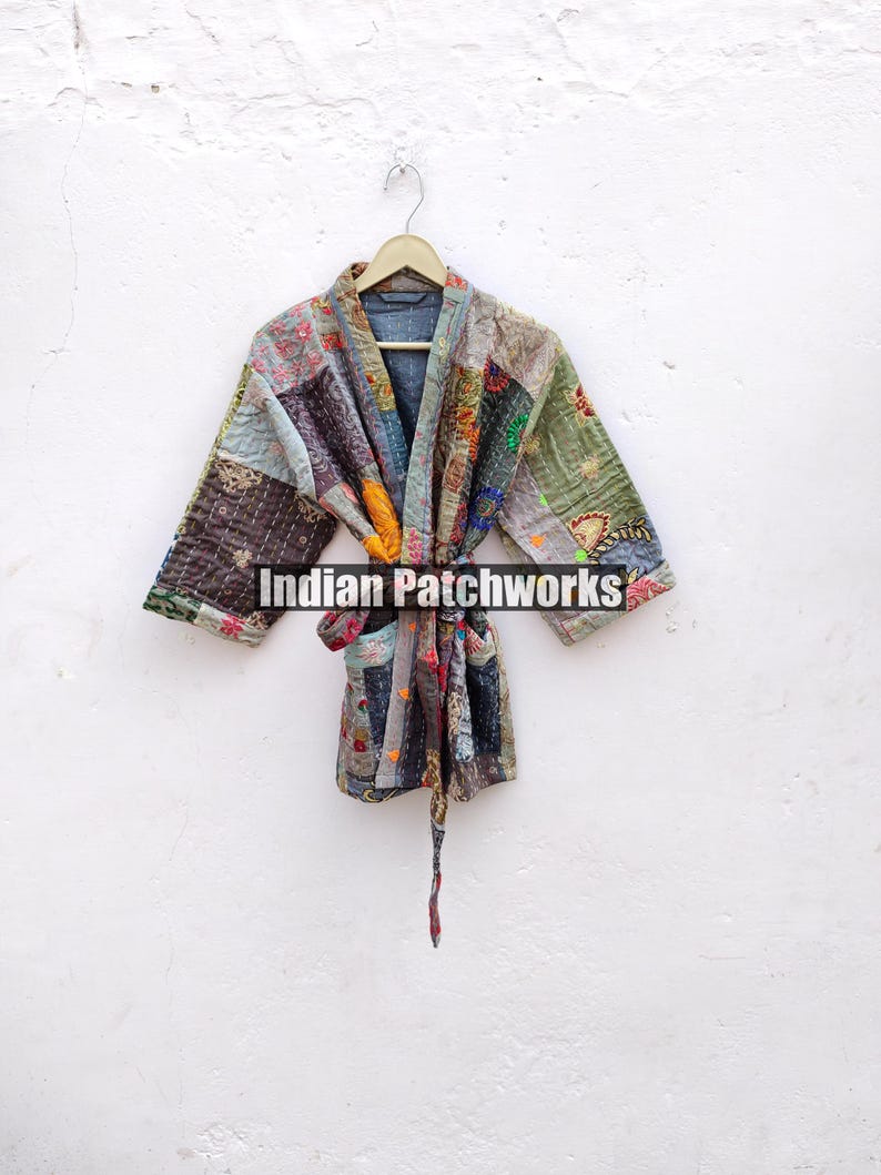 Cotton Patchwork Kantha Kimono Hand Embroidery Khambadia Kimono Jacket| Patchwork Cotton Kimono | Kimono Jacket | Unisex Kantha HouseRobe image 2