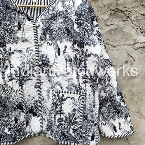 Quilted Jacket Short kimono Women Wear New Style Black and white Flower Coat Indian Hand Block Print Fabric image 7