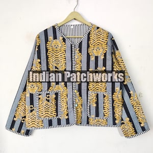 Grey Tiger Print Cotton Quilted Jacket, Handmade Cotton Jacket, Reversible Strip Quilted Cotton Jacket, Party Wear Gift For Women&#39;s,