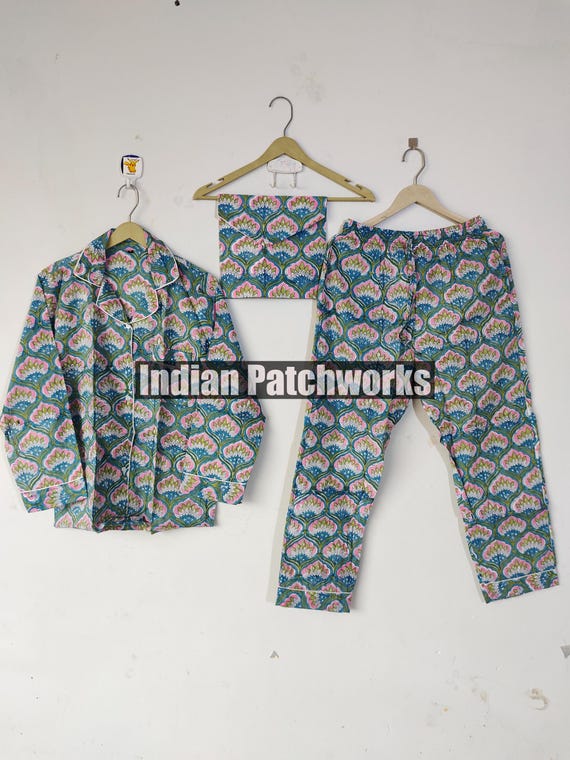 Cotton night Suit, Hand Block Print Shirt Pant Short for daily Wear Gifts Cotton Pajama set, Bridesmaid Pajama Women Cotton Pants Shirt Set