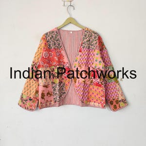 Handmade Patchwork Quilted Jacket, New Printed Cotton Jacket, Reversible Strip Piping Cotton Quilted Jacket, Party Wear Gift For Women&#39;s