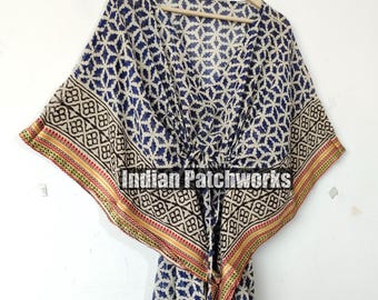 Cotton Beach Cover Caftan, Bagru Handmade Long Kaftan, Indian Women Dress Caftan, Flower Hand Block Print Sleepwear Maxi Dress Kimono
