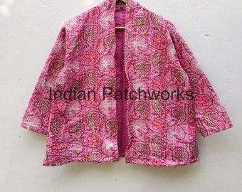 Indian Handmade Kantha Quilt Short Jacket Kimono Women Wear Boho Pink Color Front Open Quilted Jacket