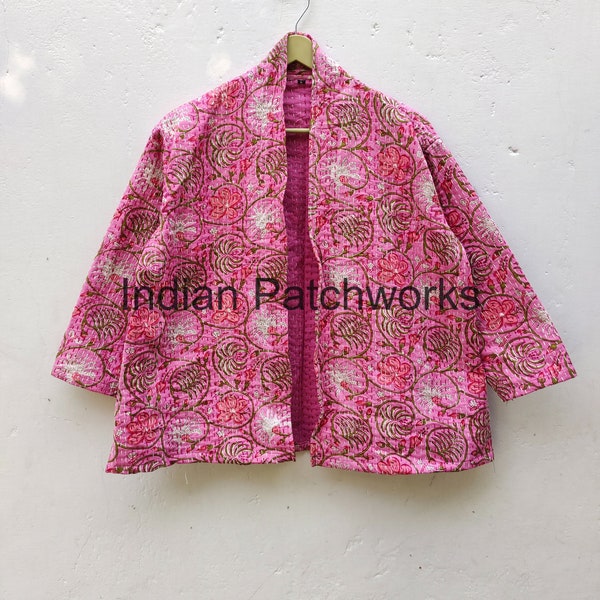 Indian Handmade Kantha Quilt Short Jacket Kimono Women Wear Boho Pink Color Front Open Quilted Jacket