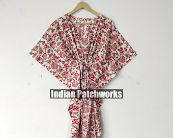 Floral Block Print Cotton Kaftan Dress: Lightweight Green Cover-Up