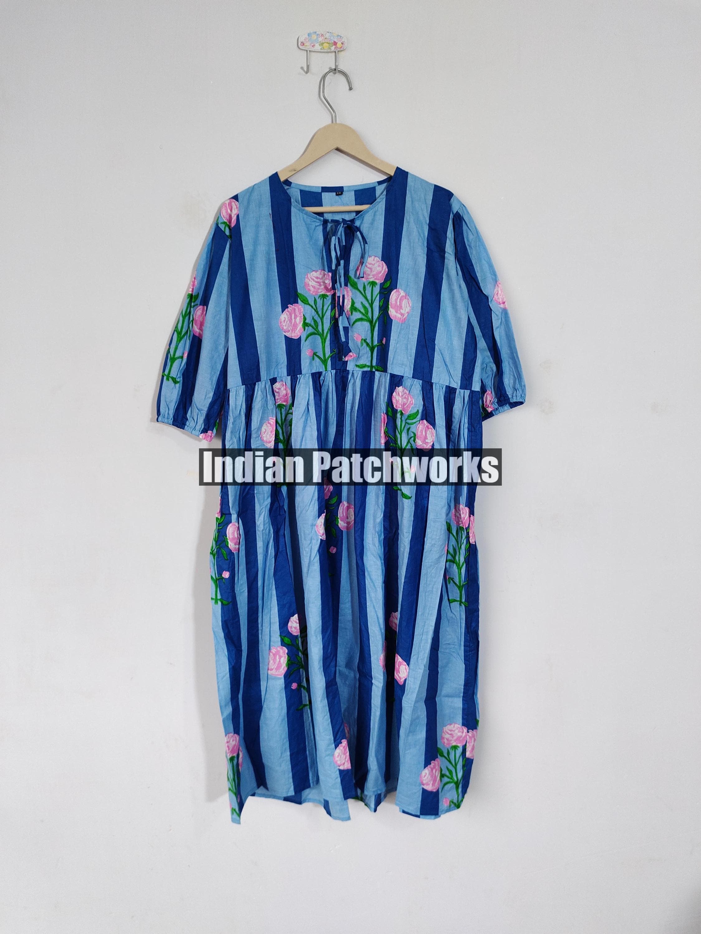 Indian Handmade Tunic Dress, Floral Print Women Top Long Dress, Organic Cotton Women Wear Dress, Party Wear Light Weight Comfort Midi Dress