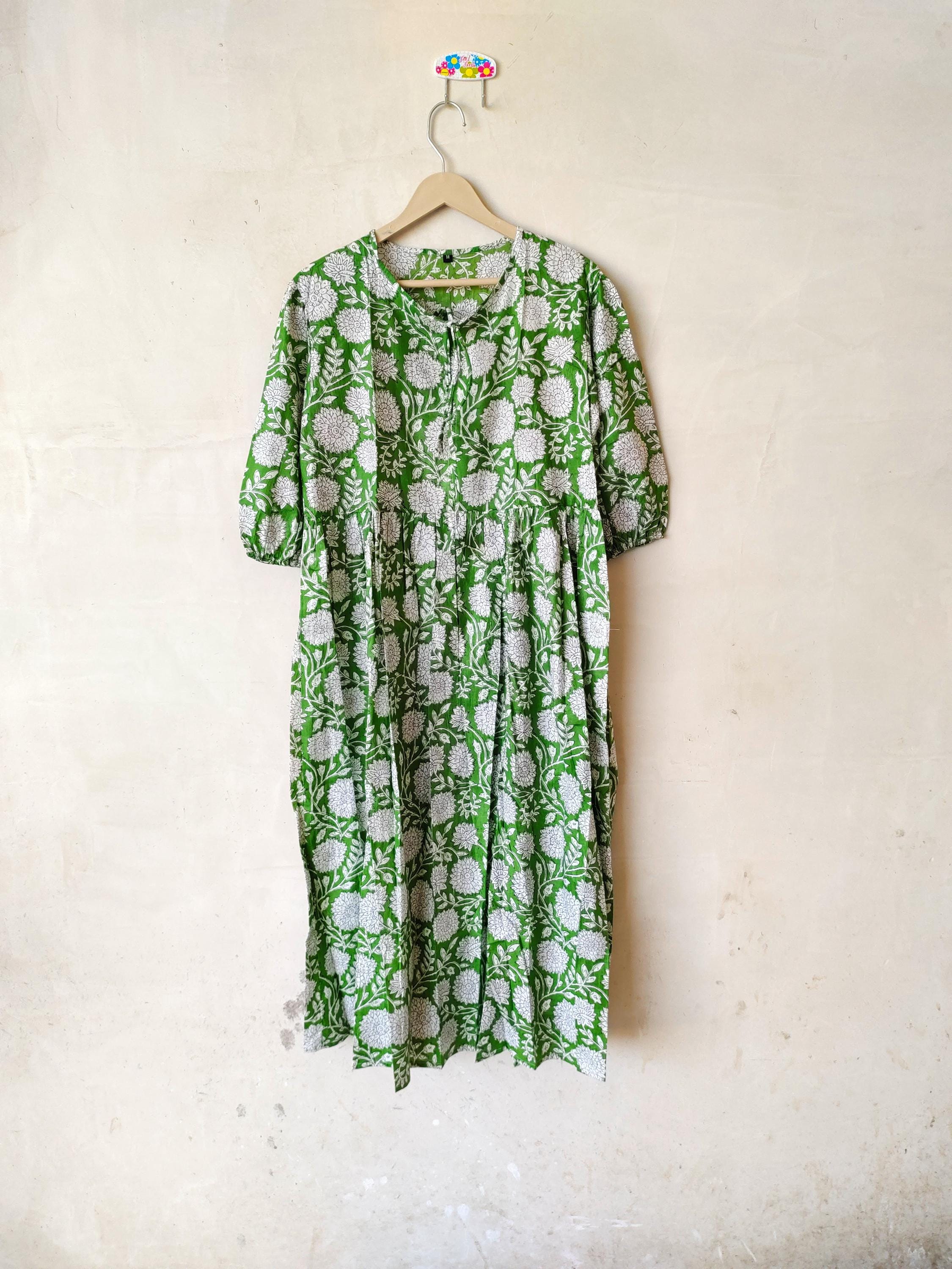 midi indian cotton summer dresses Green Block printed midi Dress indian cotton summer dresses gift for her