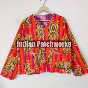 Tiger Print Cotton Quilted Jacket: Handmade Reversible Kantha Robe